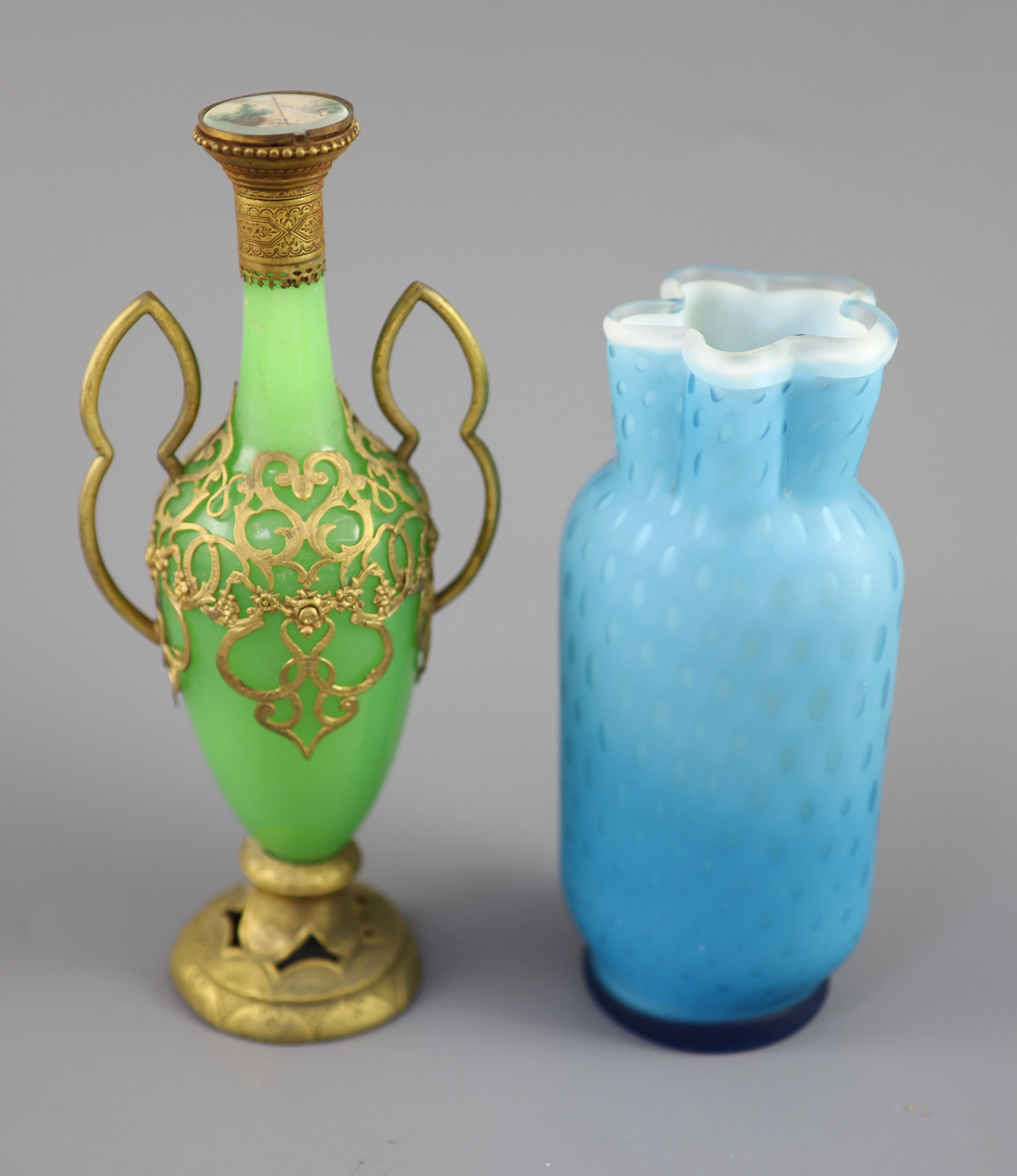 A group of French coloured opaline glass with gilt metal mounts and a satin glass vase, tallest 23.5cm